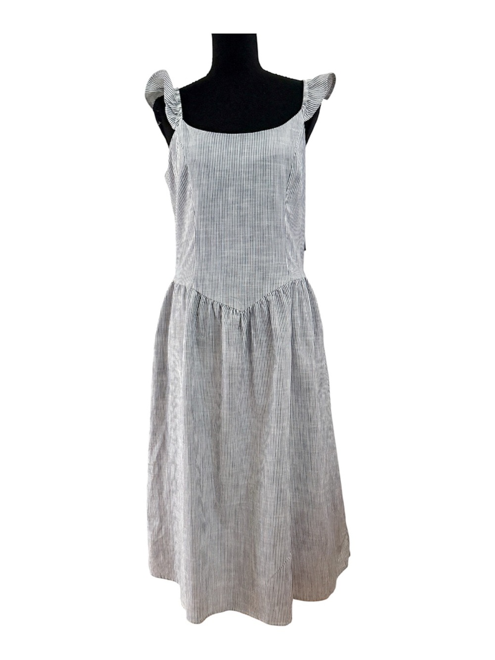 Universal Thread Gray Pinstripe Midi Dress with Ruffle Shoulders
